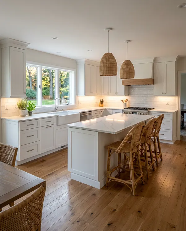 Remodeled Connecticut kitchen with white cabinets, quartz countertops, a center island with woven counter stools, farmhouse sink, and wide plank hardwood floors