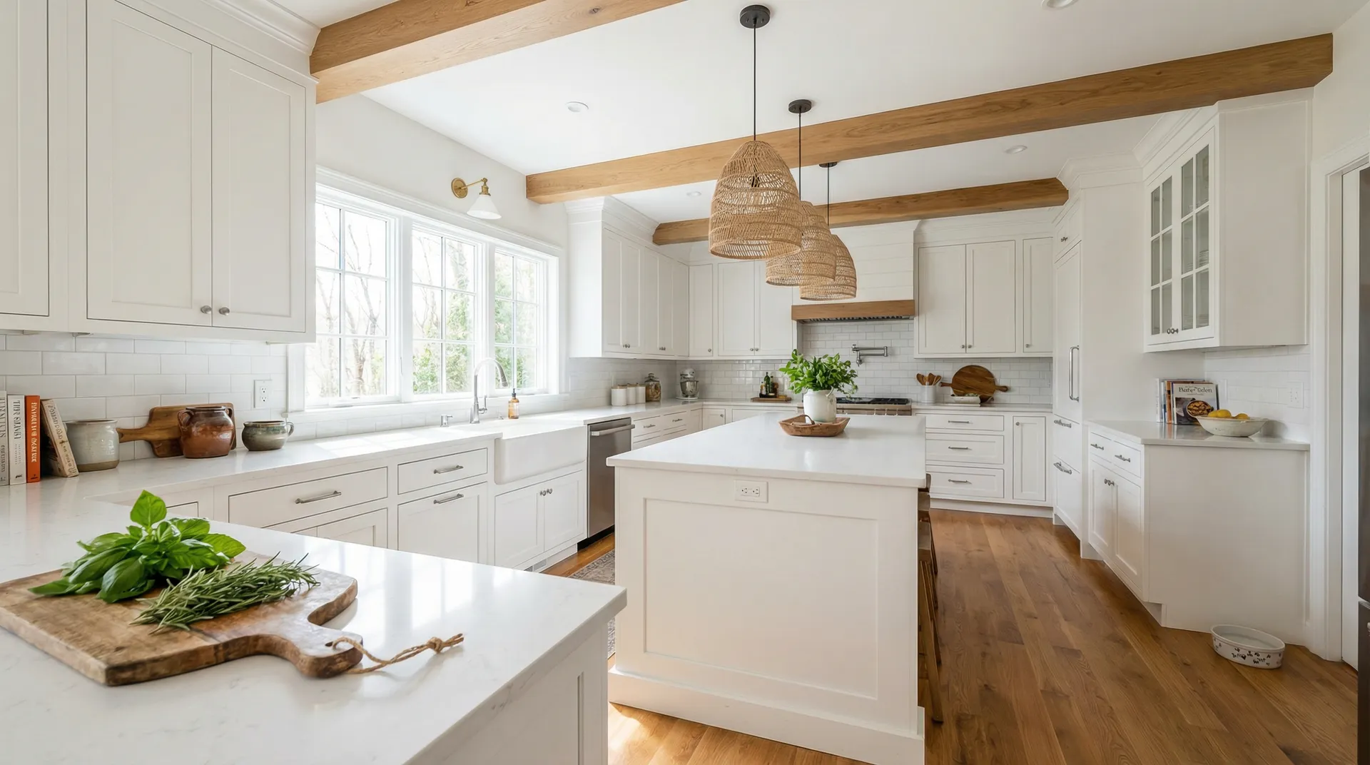 Remodeled kitchen with white shaker cabinets, quartz countertops, a center island, hardwood floors, exposed wood beams, and woven pendant lighting