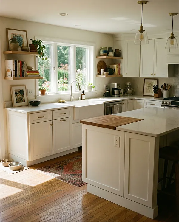 Custom kitchen remodel featuring white shaker cabinetry, quartz countertops, farmhouse sink, and hardwood floors in a Connecticut home by Magee Homes