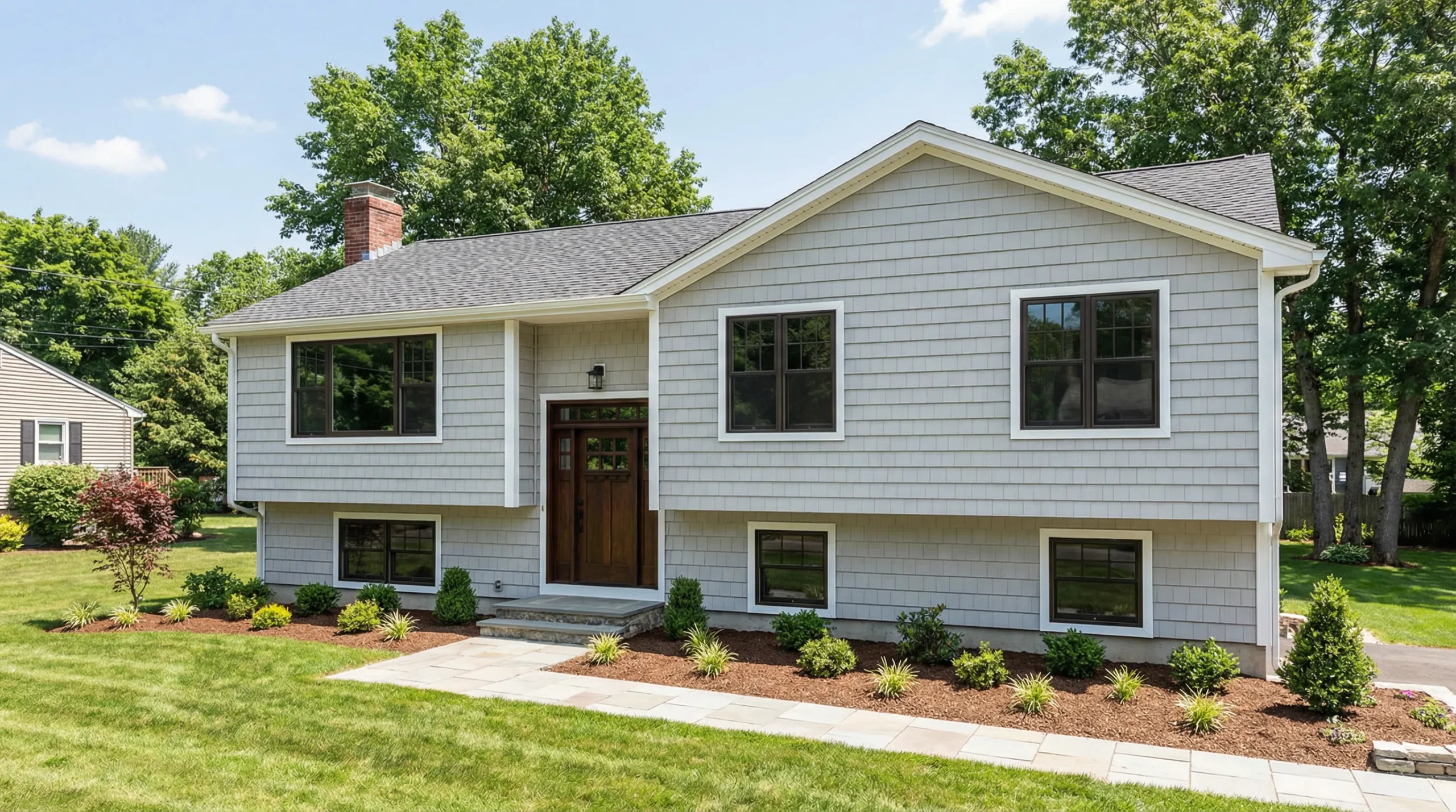 front view of a raised ranch home in a connecticut residential neighborhood