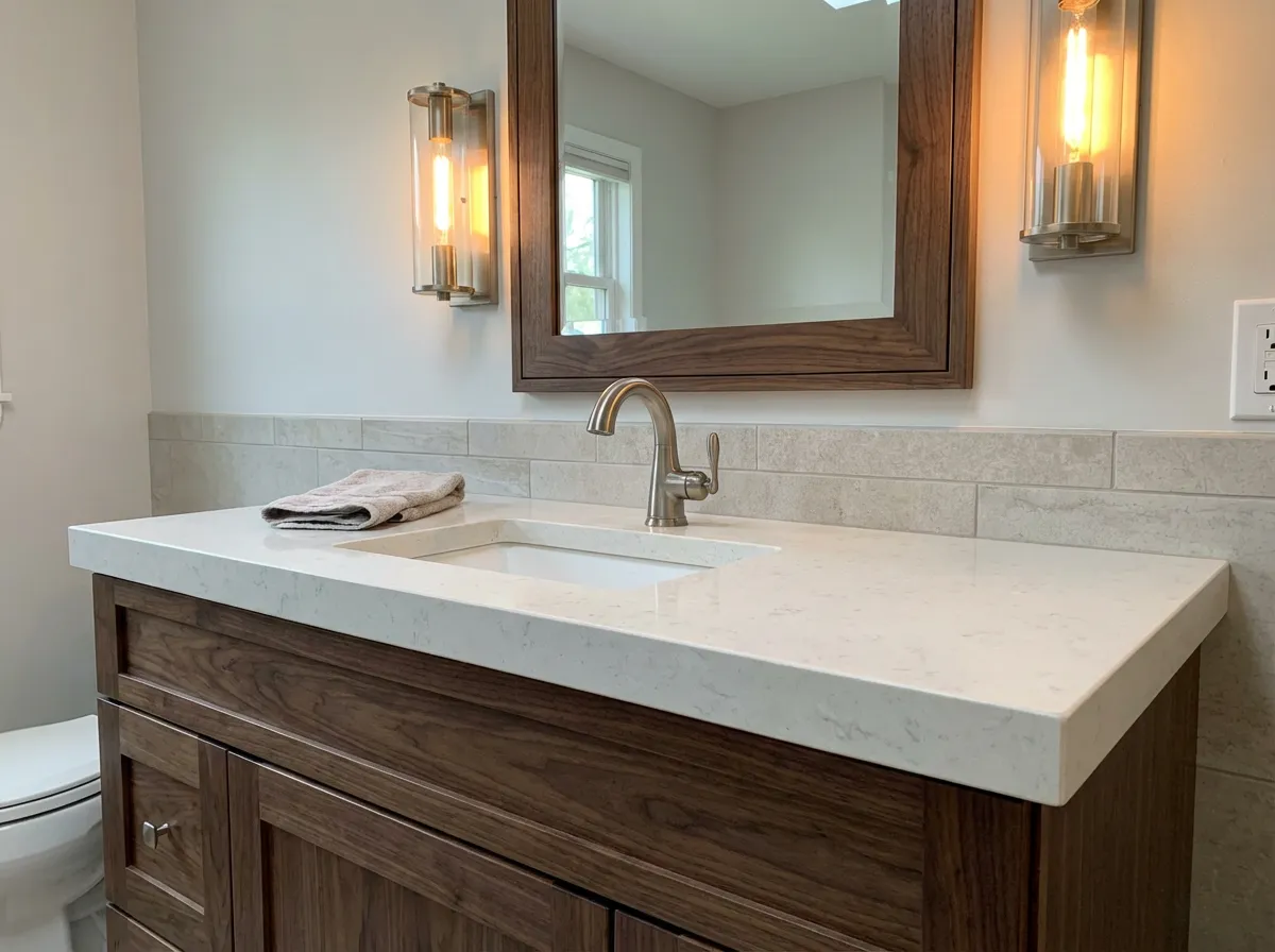 Custom walnut vanity with quartz countertop and sconce lighting by Magee Homes
