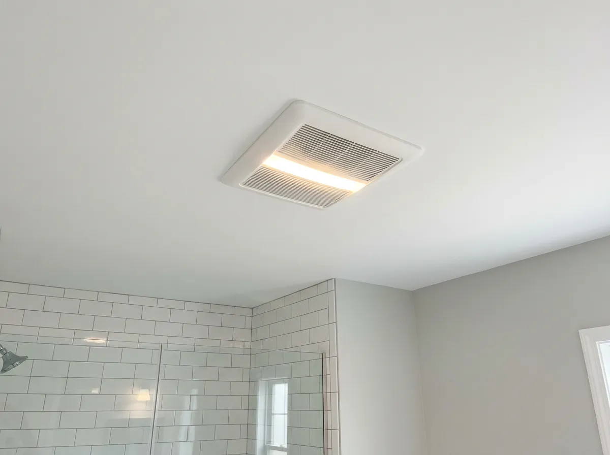 Bathroom exhaust fan with integrated light installed above a tiled shower by Magee Homes
