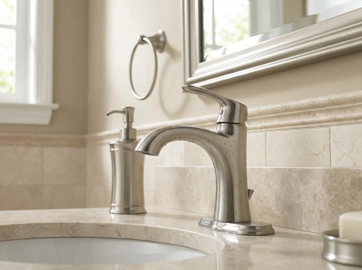 magee-bathroom-faucet-fixture-upgrade.jpg Alt text: Brushed nickel bathroom faucet and towel ring on a marble countertop by Magee Homes
