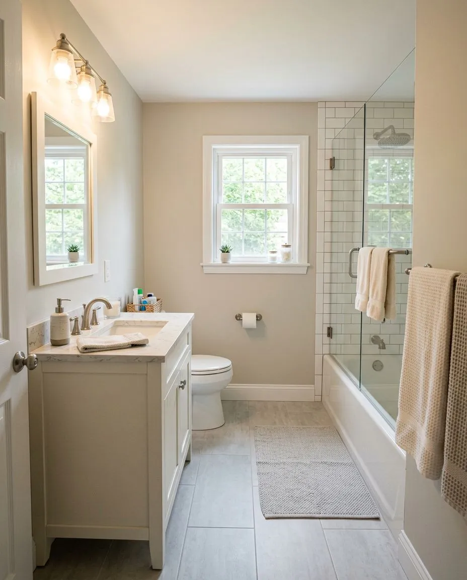 Renovated bathroom with white vanity, subway tile shower, and tile flooring by Magee Homes