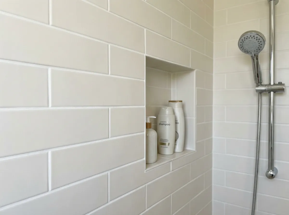 Tiled shower with built-in niche and handheld shower-head installed by Magee Homes