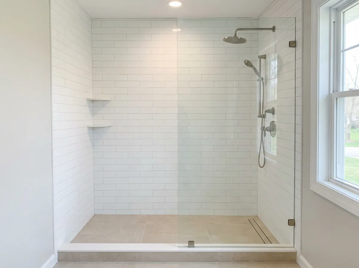 Walk-in tiled shower with glass enclosure and rain showerhead by Magee Homes