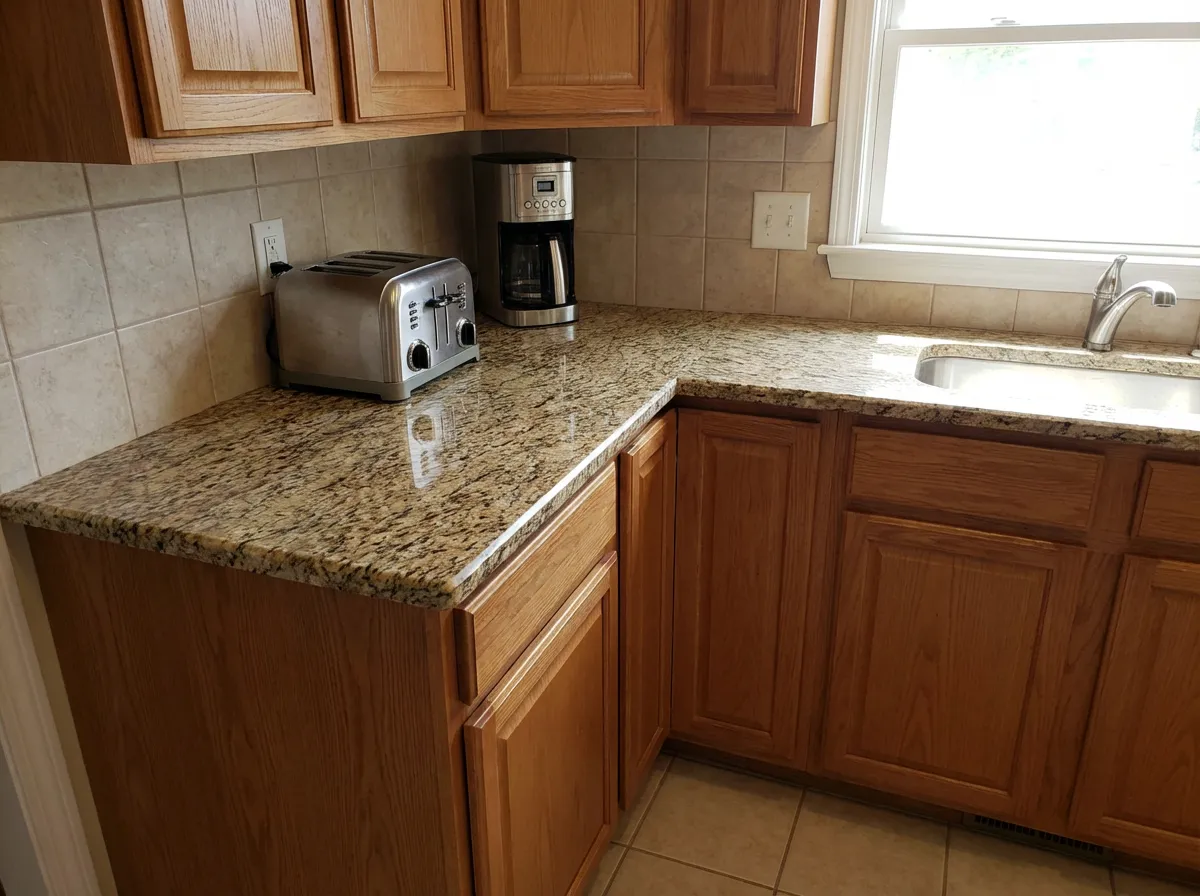 Granite countertop installation on oak cabinets in a Connecticut kitchen by Magee Homes
