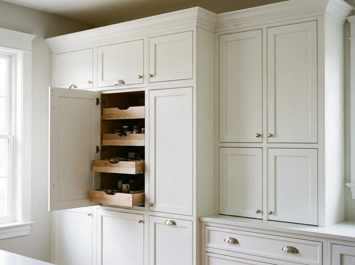 Custom floor-to-ceiling kitchen cabinets with pull-out shelving and crown molding by Magee Homes