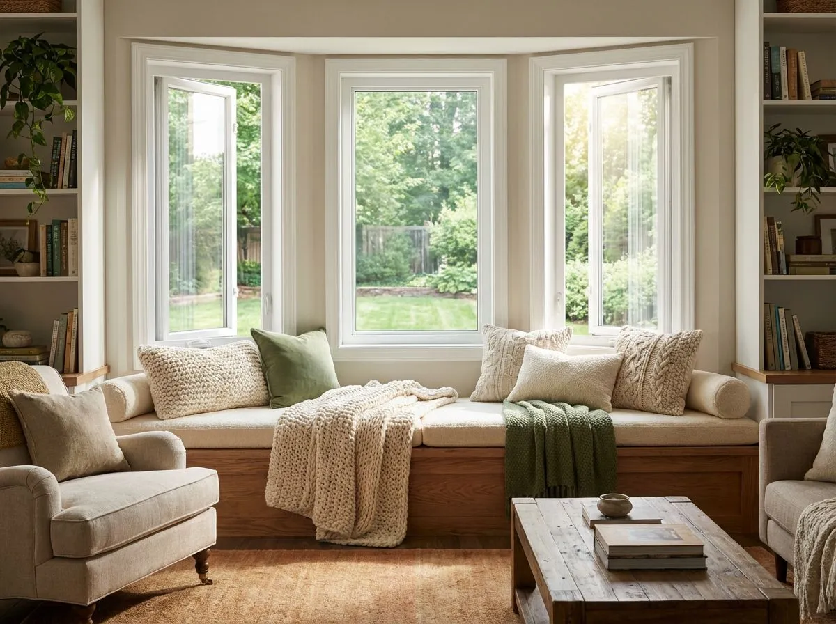 Bay window with built-in window seat in a Connecticut living room