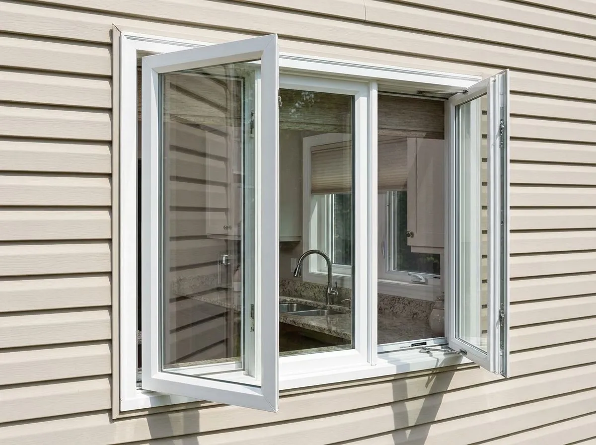 White casement windows open on a home exterior showing kitchen inside