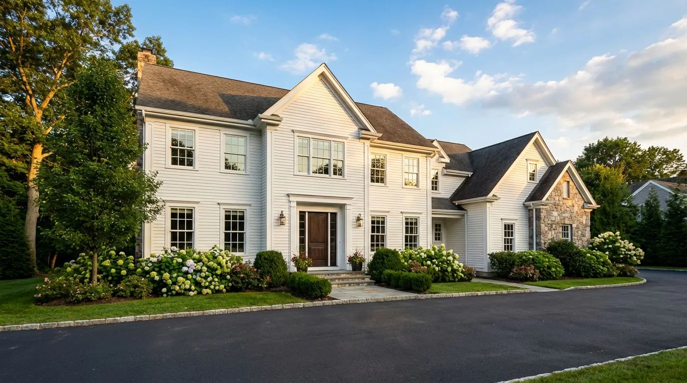 White colonial home exterior with new windows and dark entry door in Connecticut