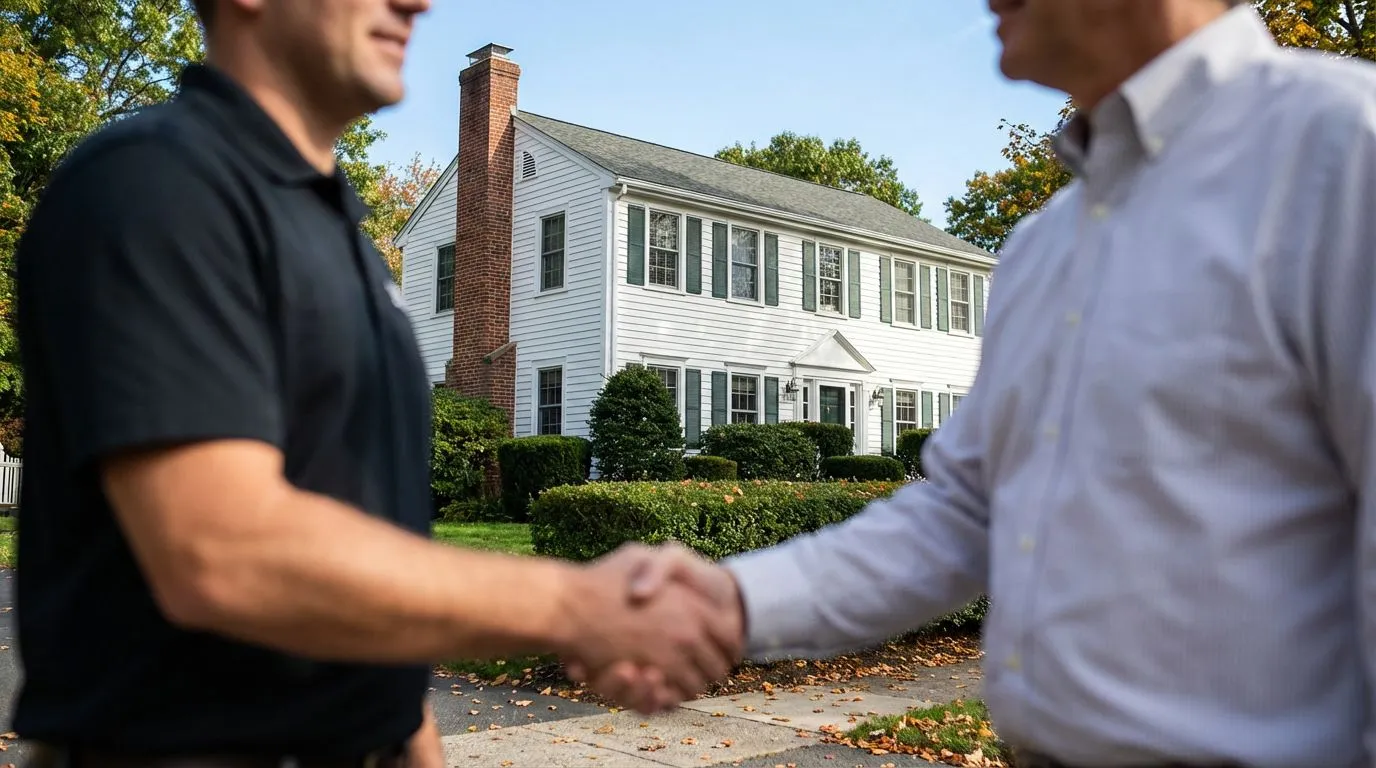 Contractor and homeowner shaking hands in front of a Connecticut colonial home