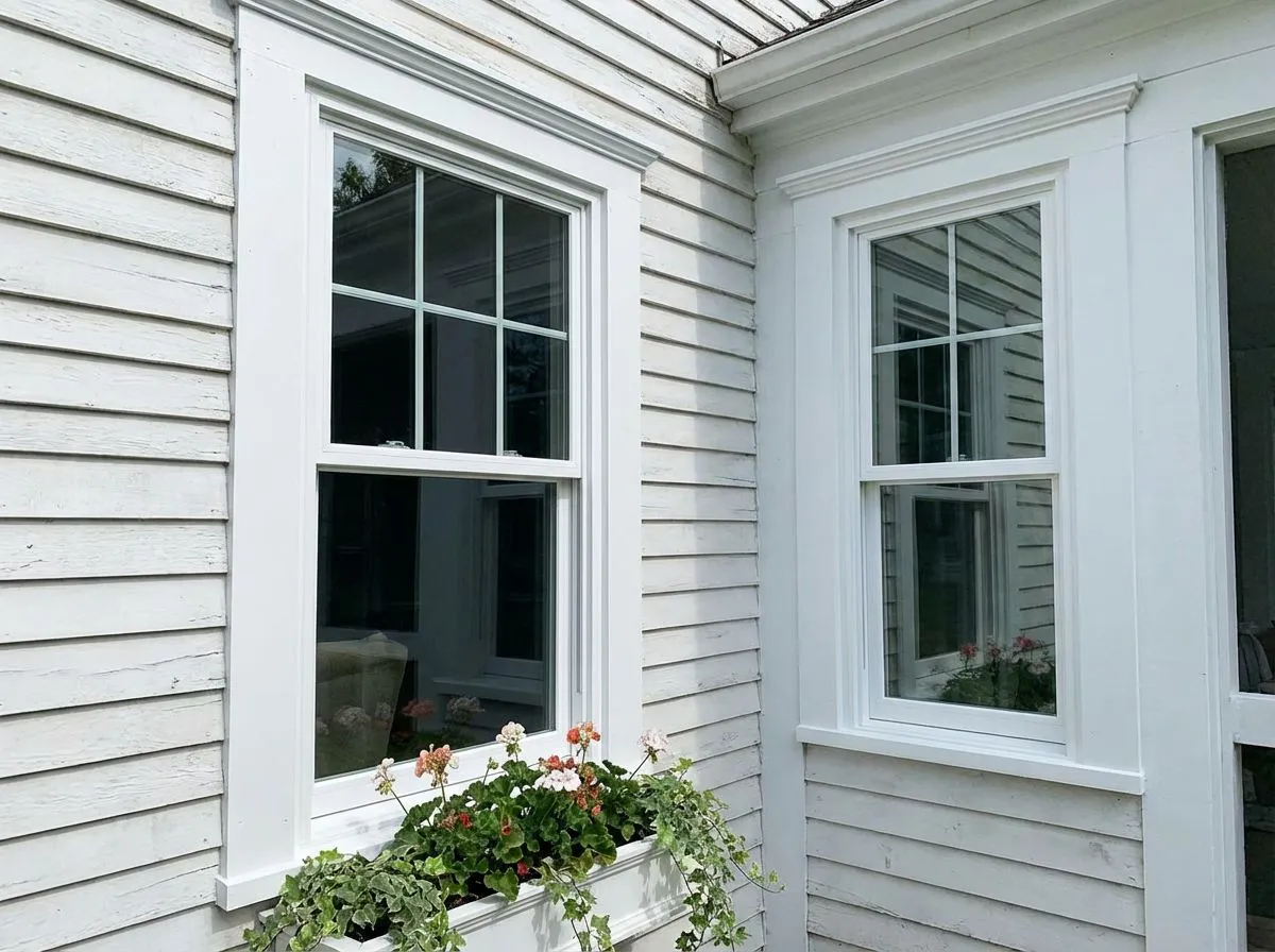 New double-hung windows with grilles on a white clapboard home with flower box