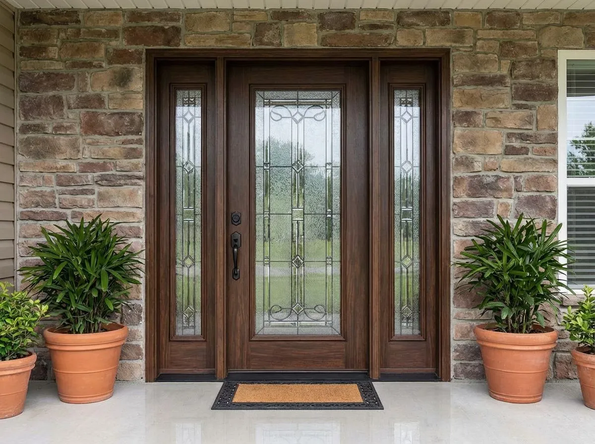 Dark fiberglass entry door with decorative glass and sidelights in a stone surround