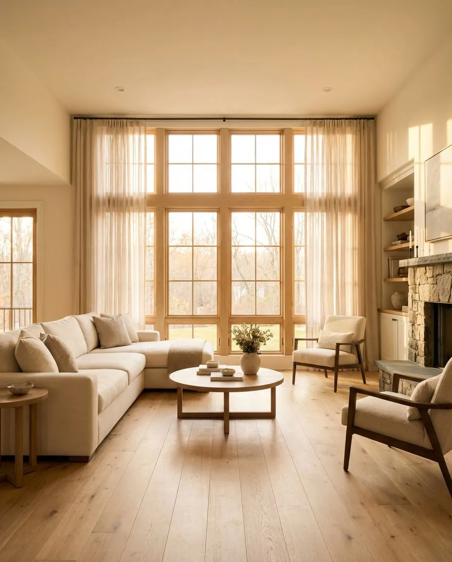Bright living room with large wood-frame windows and natural light