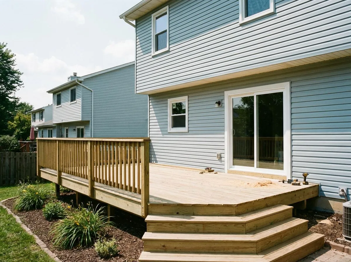 Alt text: New sliding patio door opening onto a wood deck on the back of a Connecticut home
