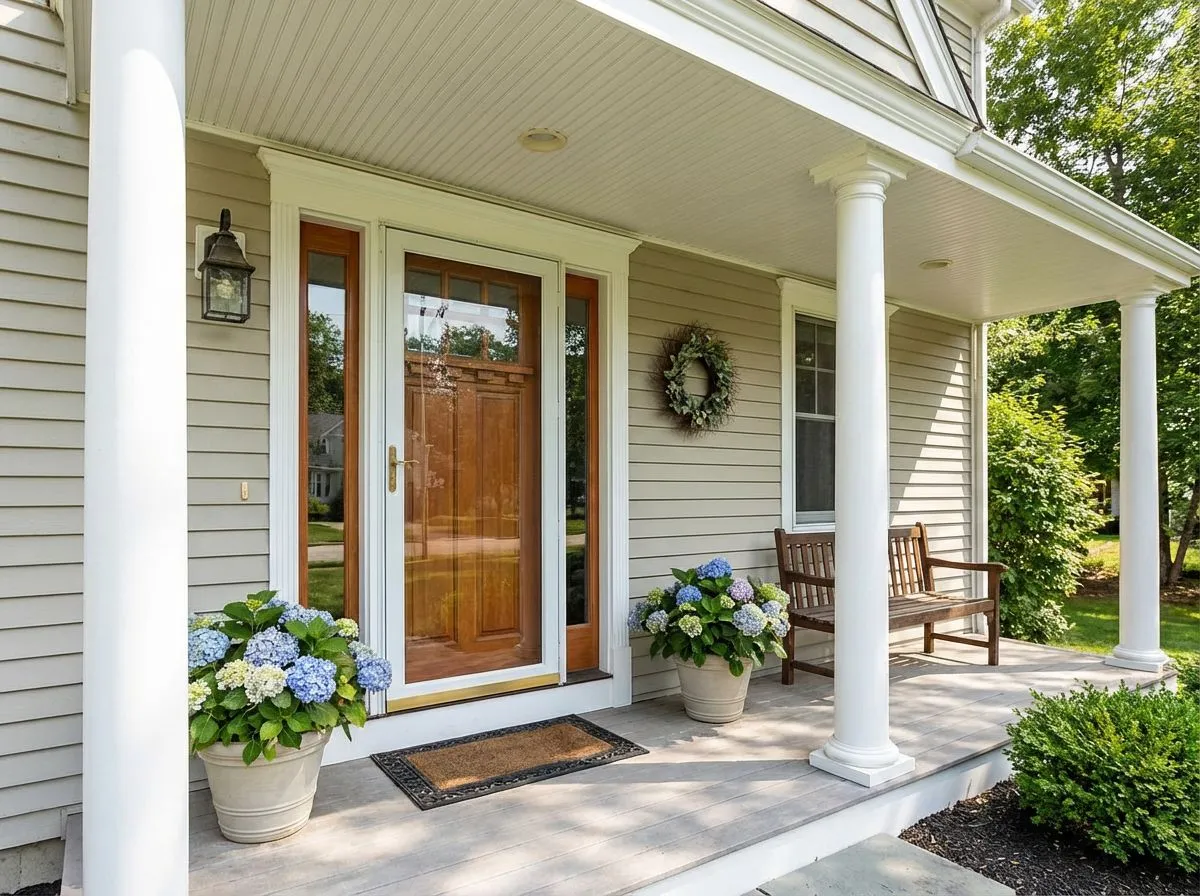Front porch with full-view storm door and wood entry door on a Connecticut home