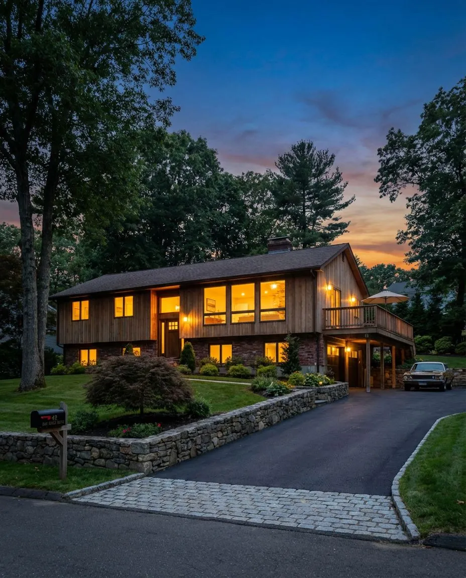 Home exterior at twilight with warm light glowing through new windows in Connecticut