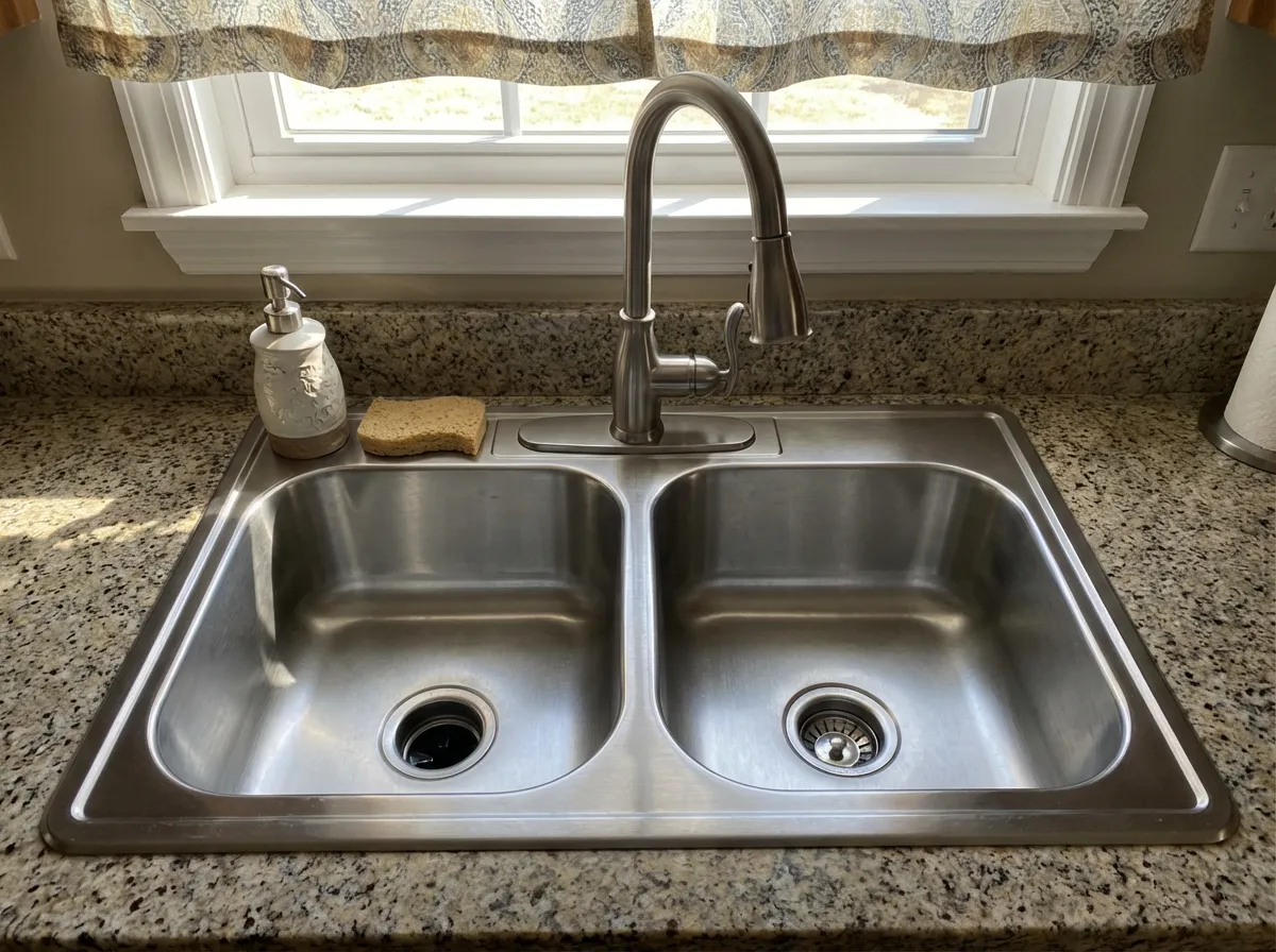 Double-bowl stainless steel sink and pull-down faucet installed on granite countertop by Magee Homes