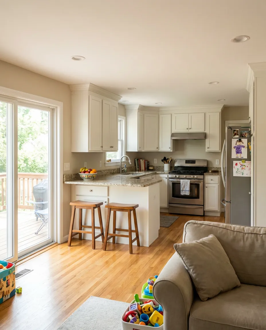 Open-concept kitchen remodel with white cabinets, granite countertops, and breakfast bar in a Connecticut family home