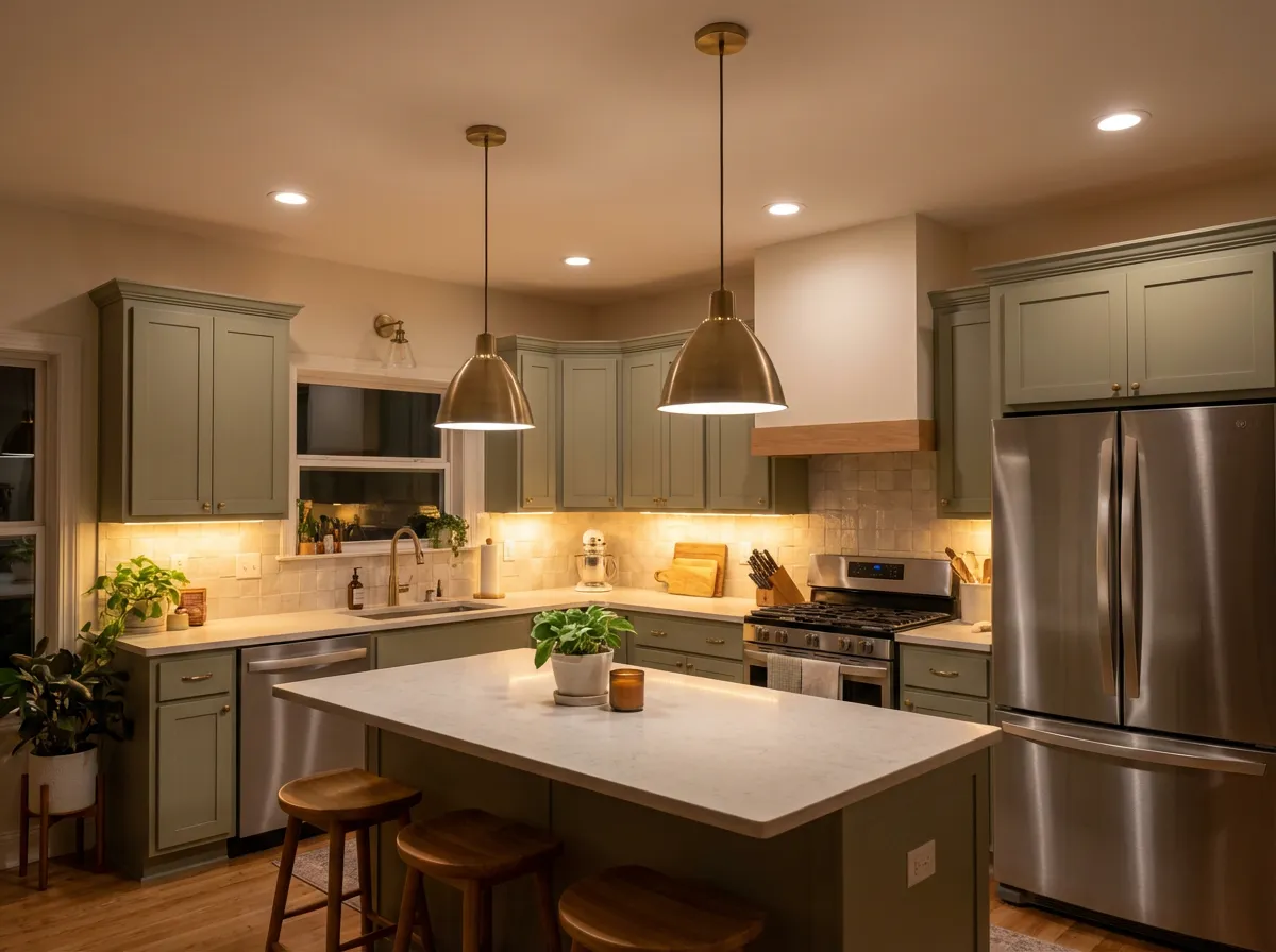 Kitchen lighting design with pendant fixtures, recessed lights, and under-cabinet LEDs by Magee Homes