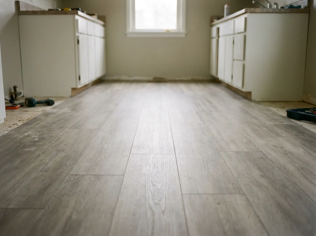 Luxury vinyl plank flooring installation in a Connecticut kitchen remodel by Magee Homes