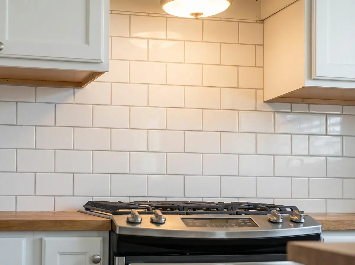 White subway tile backsplash installed behind a gas range by Magee Homes