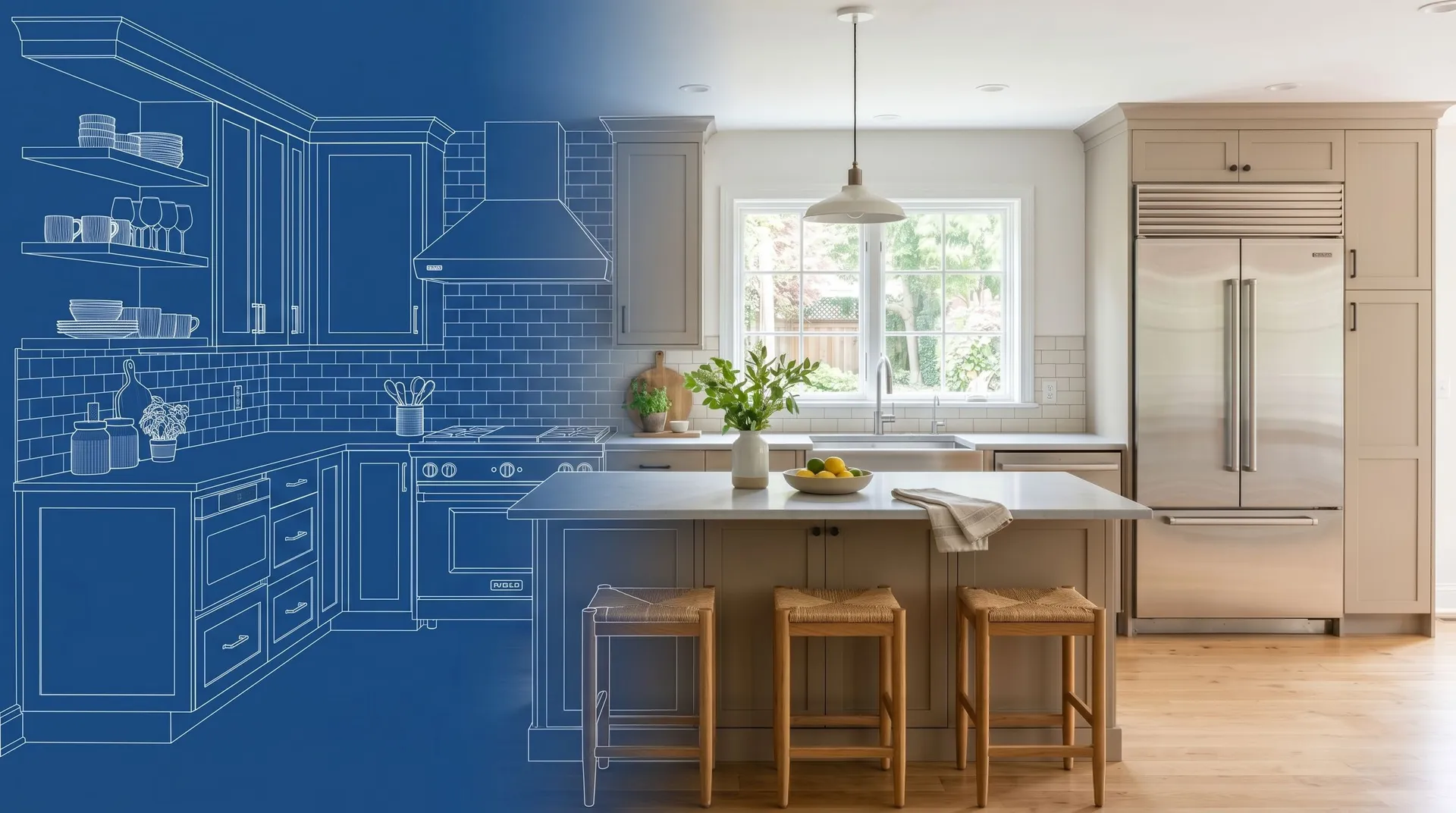 Kitchen remodel transitioning from blueprint drawing to finished room with island and shaker cabinets