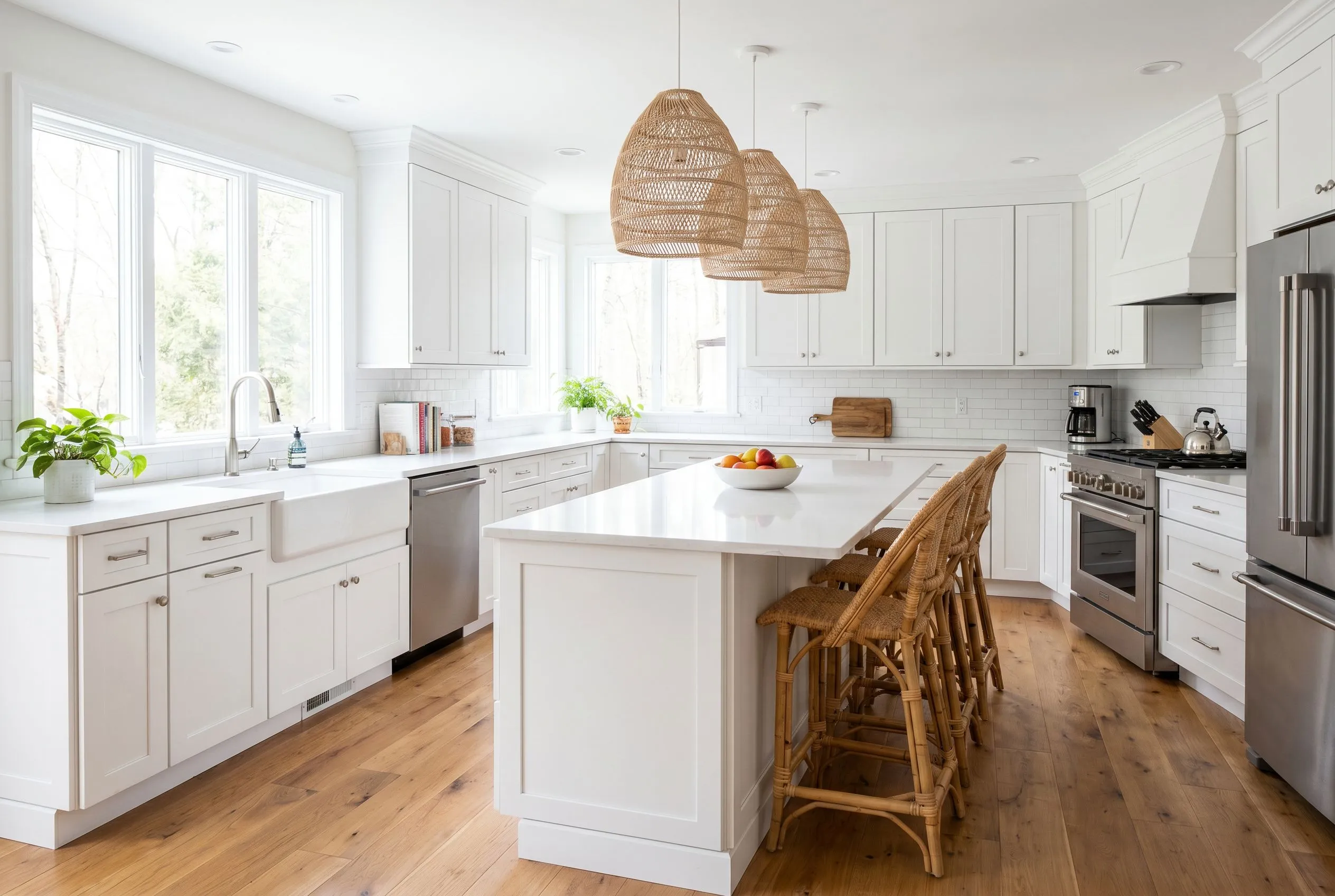 Finished kitchen remodel with white shaker cabinets, quartz countertops, and a center island in a Connecticut home by Magee Homes