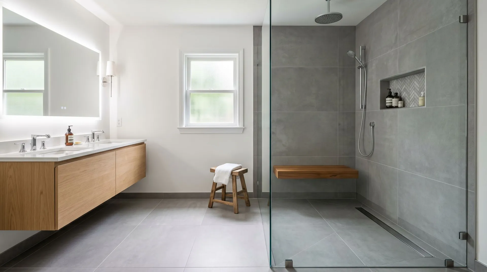 Curbless walk-in shower with frameless glass, teak bench, linear drain, and large-format gray tile beside a floating wood vanity in a Connecticut bathroom by Magee Homes