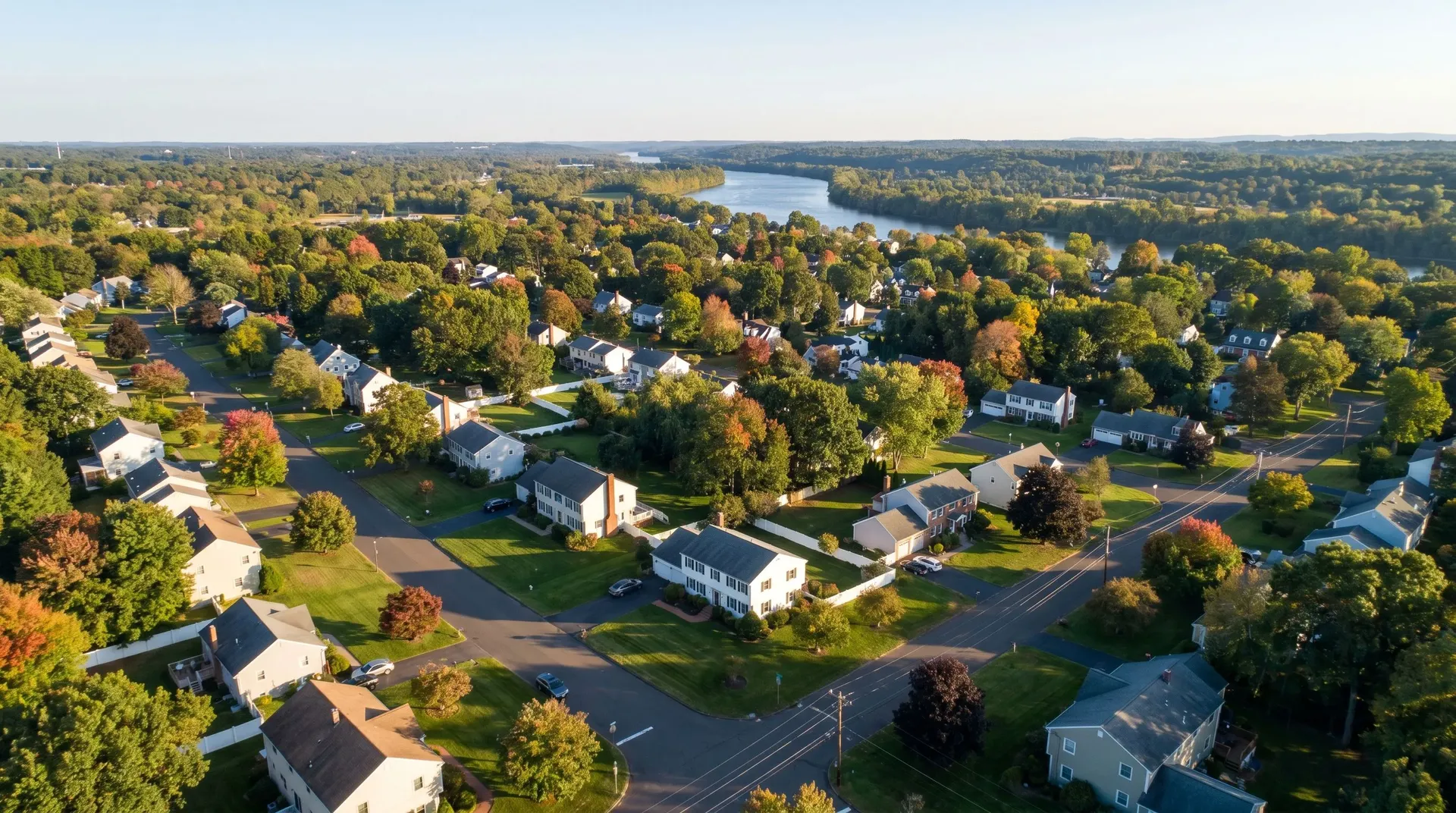 Aerial view of a central Connecticut residential neighborhood