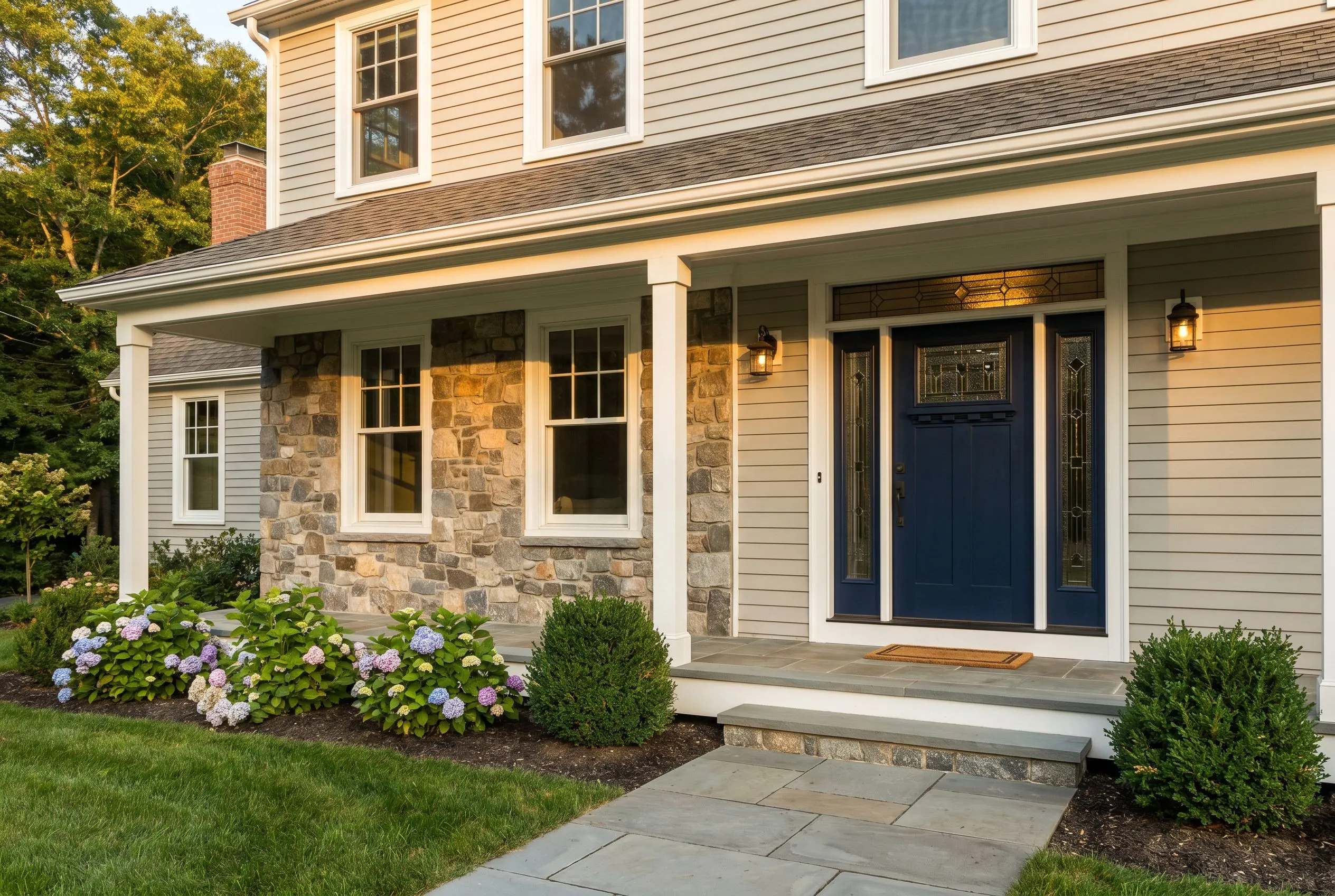 Connecticut home exterior with newly installed double-hung windows and a new fiberglass entry door by Magee Homes