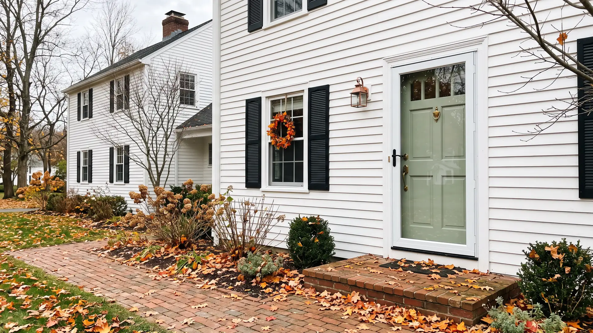 White full-view storm door in front of a sage-green wood entry door on a white clapboard Connecticut colonial, with fallen maple leaves on the front step in autumn