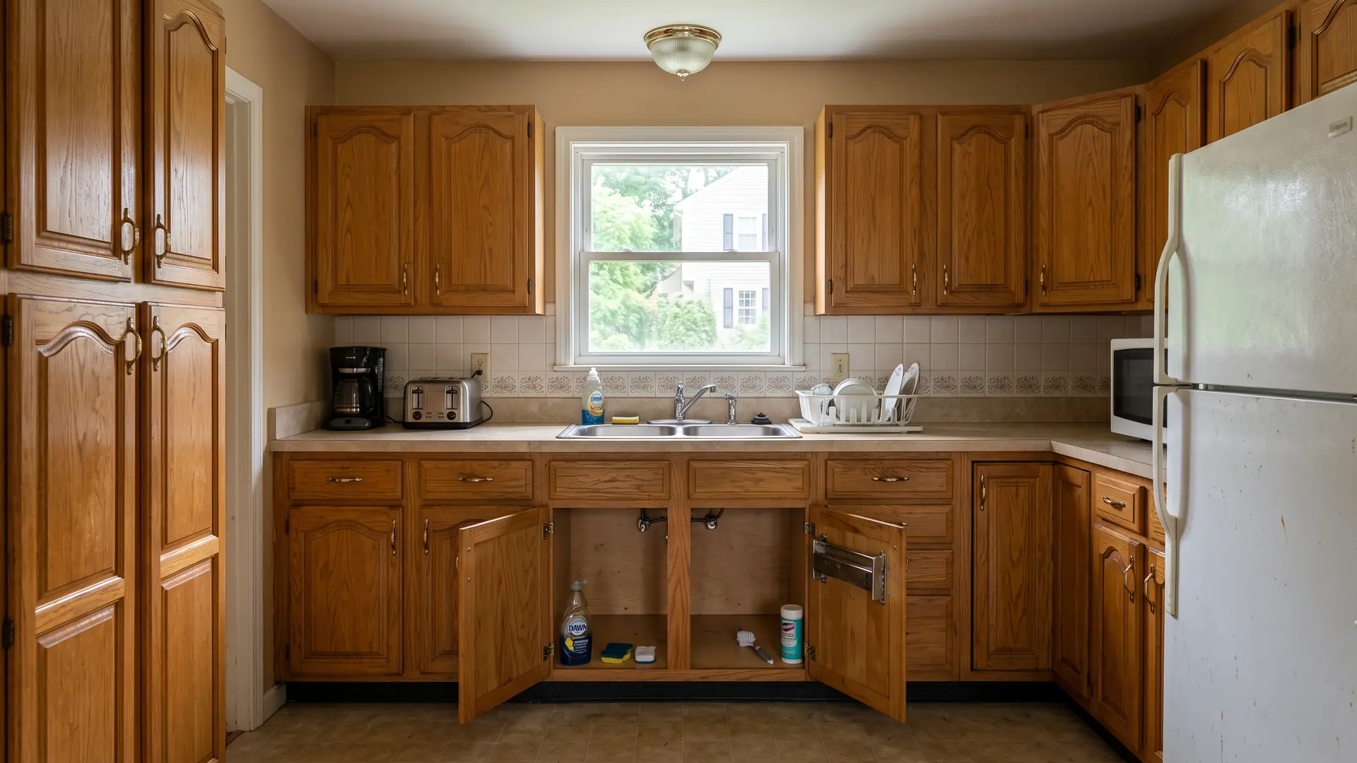 Dated honey oak raised-panel kitchen cabinets with the sink base doors open showing the plywood box and hinges inside, in a Connecticut home